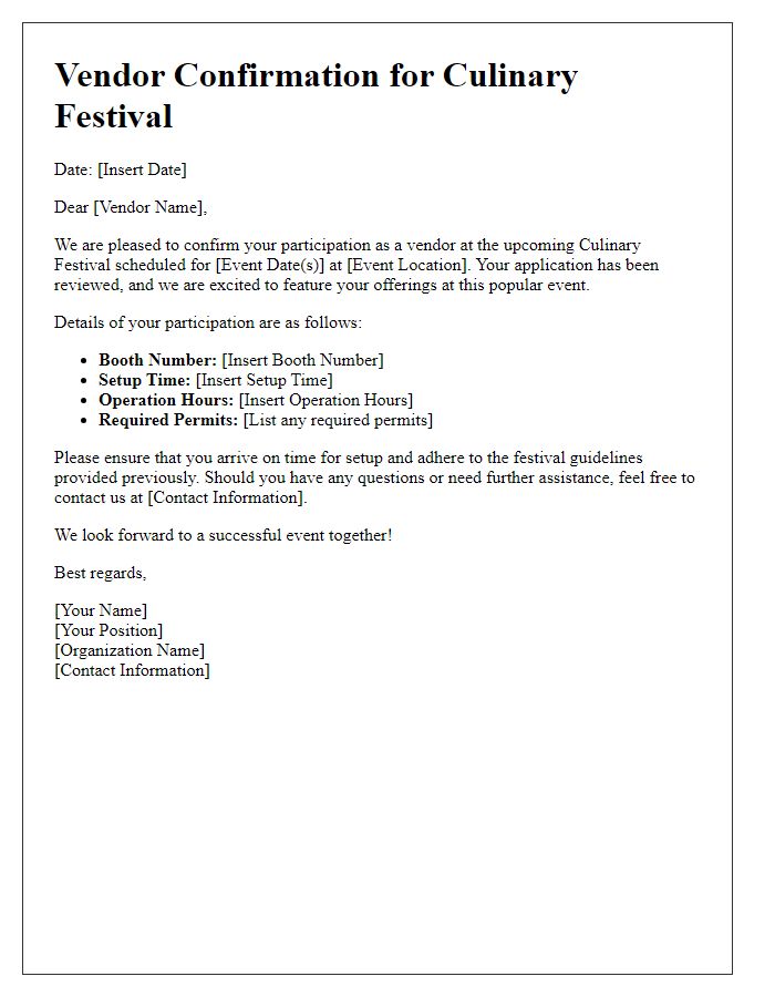 Letter template of confirmation for culinary festival vendors