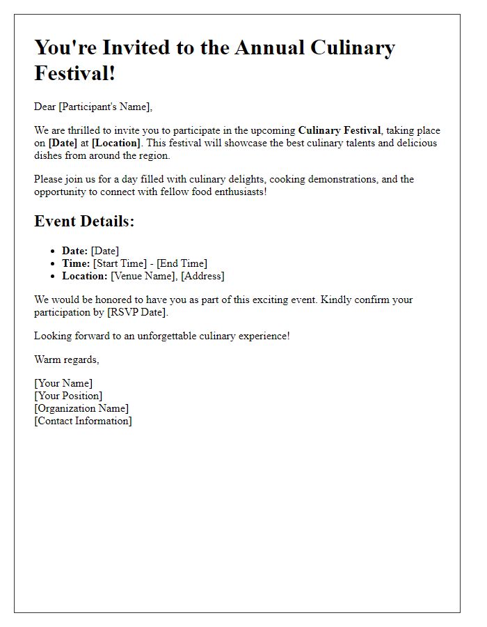 Letter template of invitation to culinary festival participants