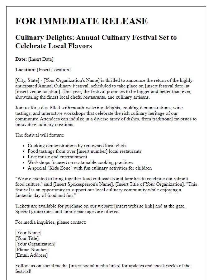 Letter template of press release for culinary festival