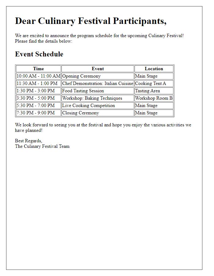 Letter template of program schedule for culinary festival