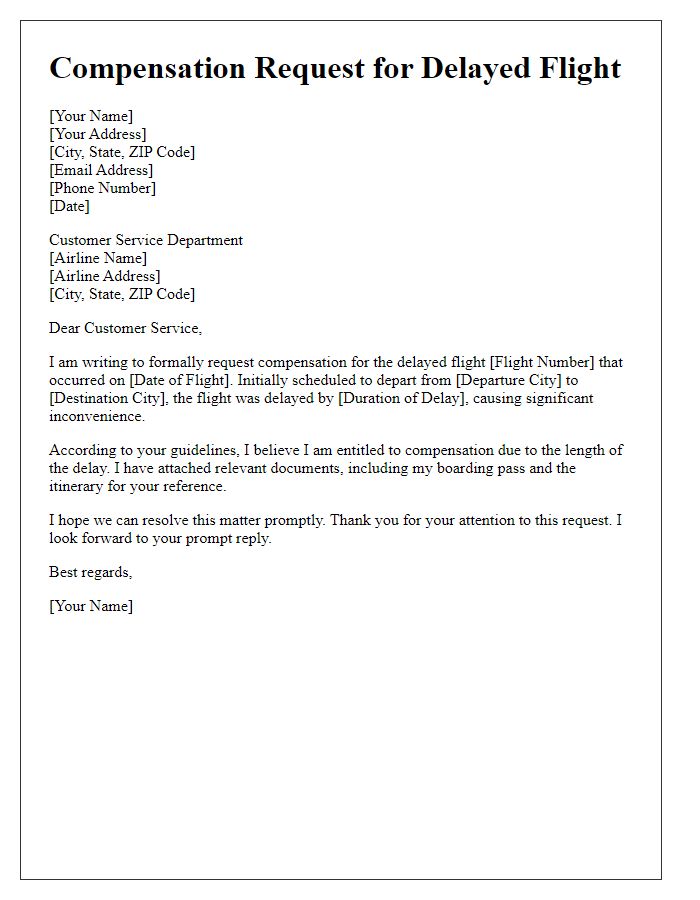 Letter template of compensation request for delayed flight reimbursement