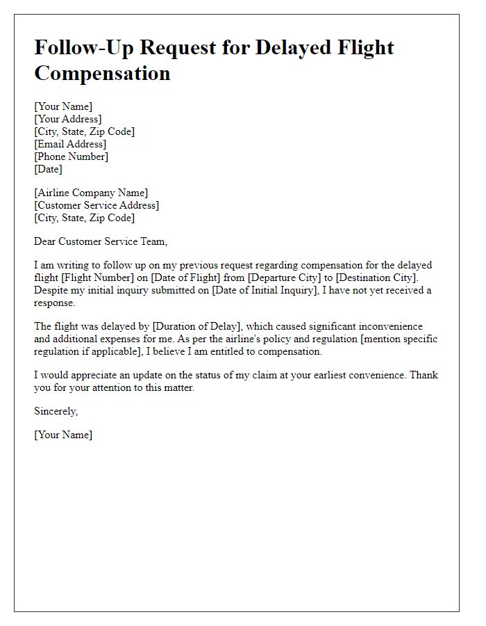 Letter template of follow-up request for delayed flight compensation