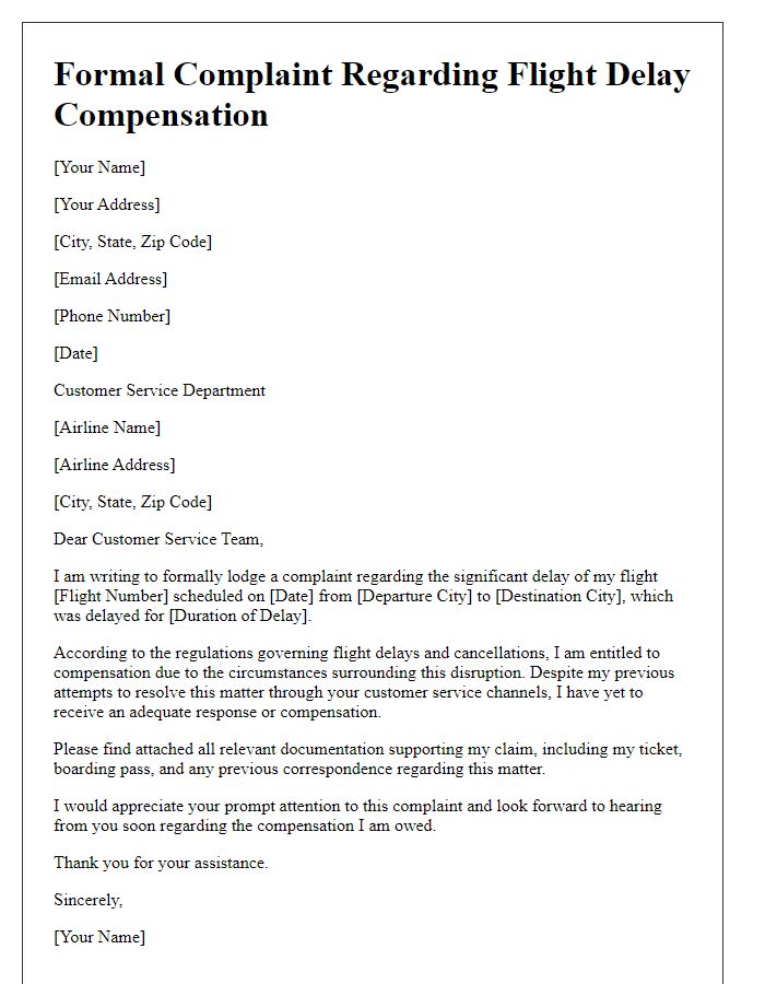 Letter template of formal complaint regarding flight delay compensation