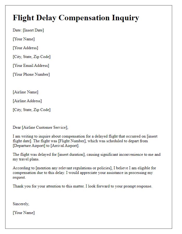 Letter template of inquiry for delayed flight compensation