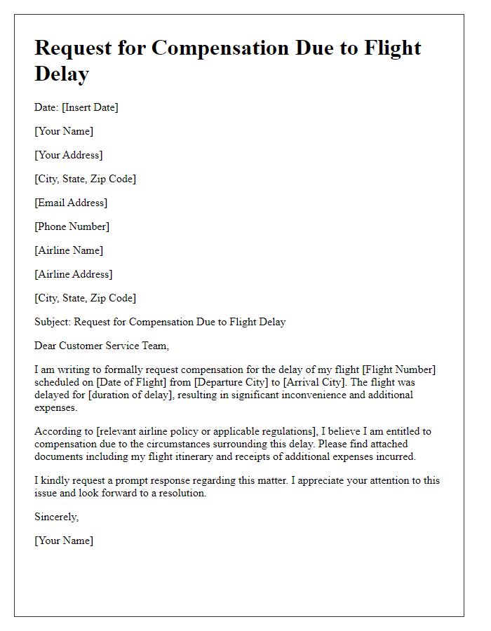 Letter template of request for compensation due to flight delay