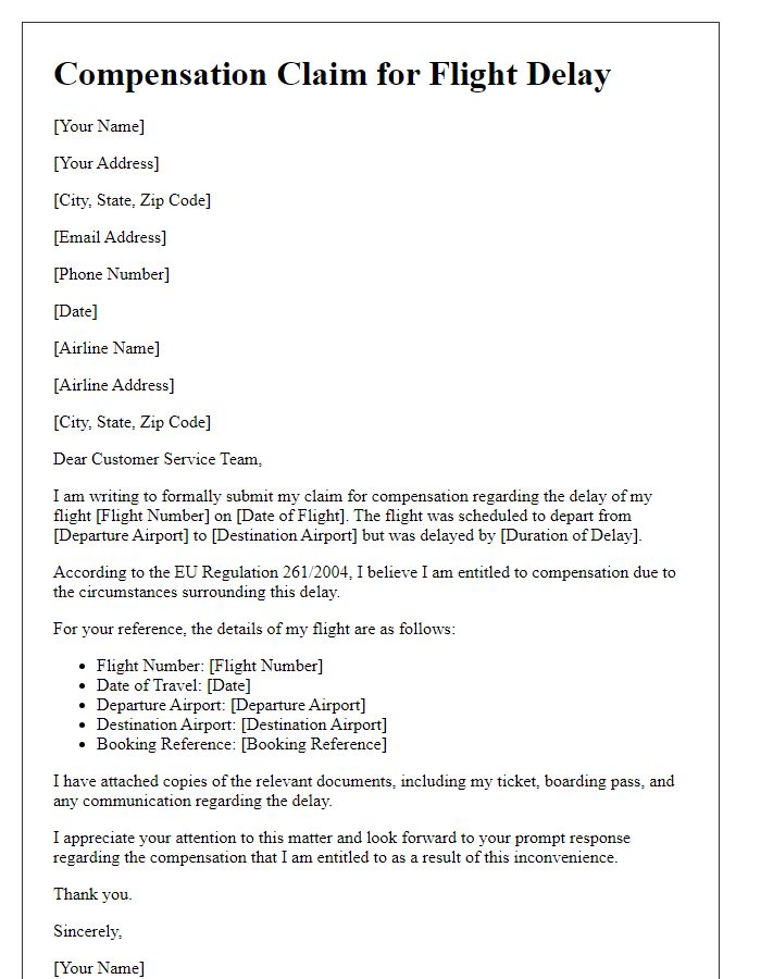 Letter template of submission for compensation claim after flight delay