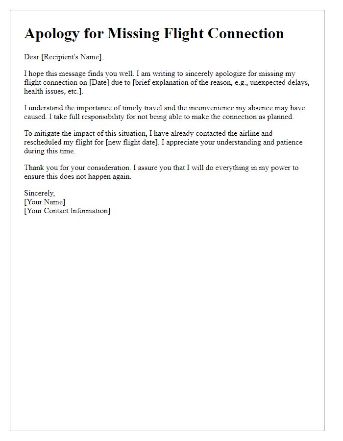 Letter template of courteous apology for missing the flight connection