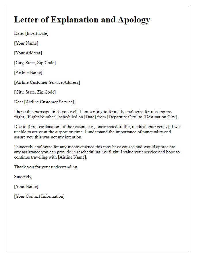 Letter template of explanation and apology for flight miss