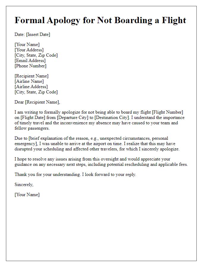 Letter template of formal apology for not boarding a flight