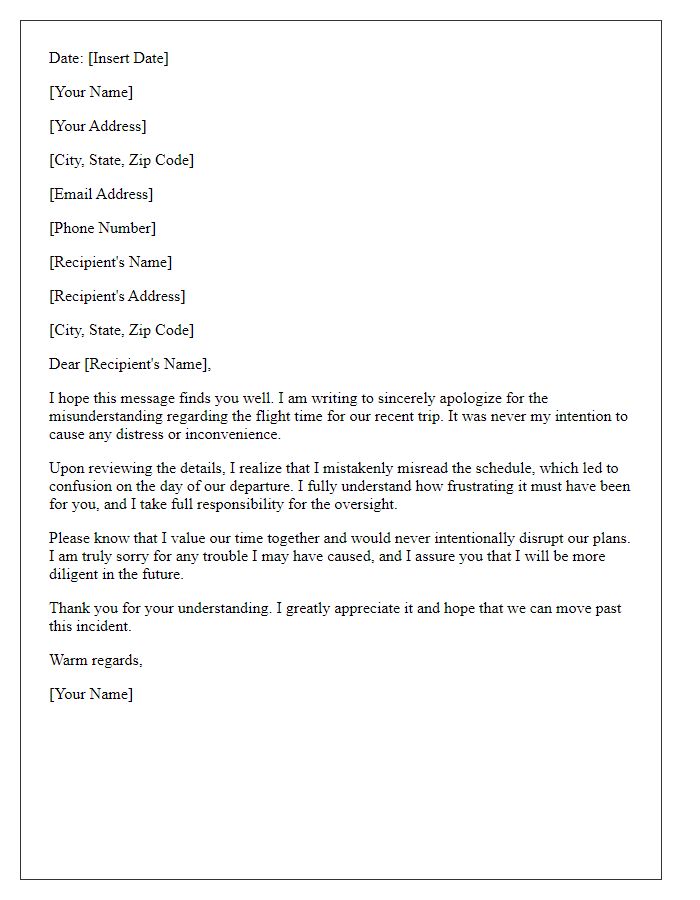 Letter template of personal apology for misunderstanding flight time