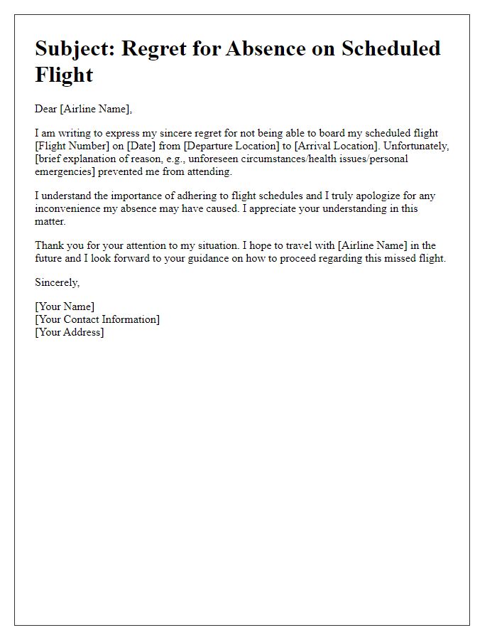 Letter template of regret for absence on scheduled flight