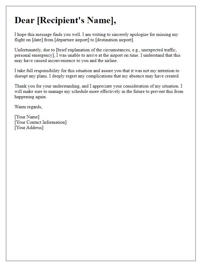 Letter template of sincere apology for missing a flight