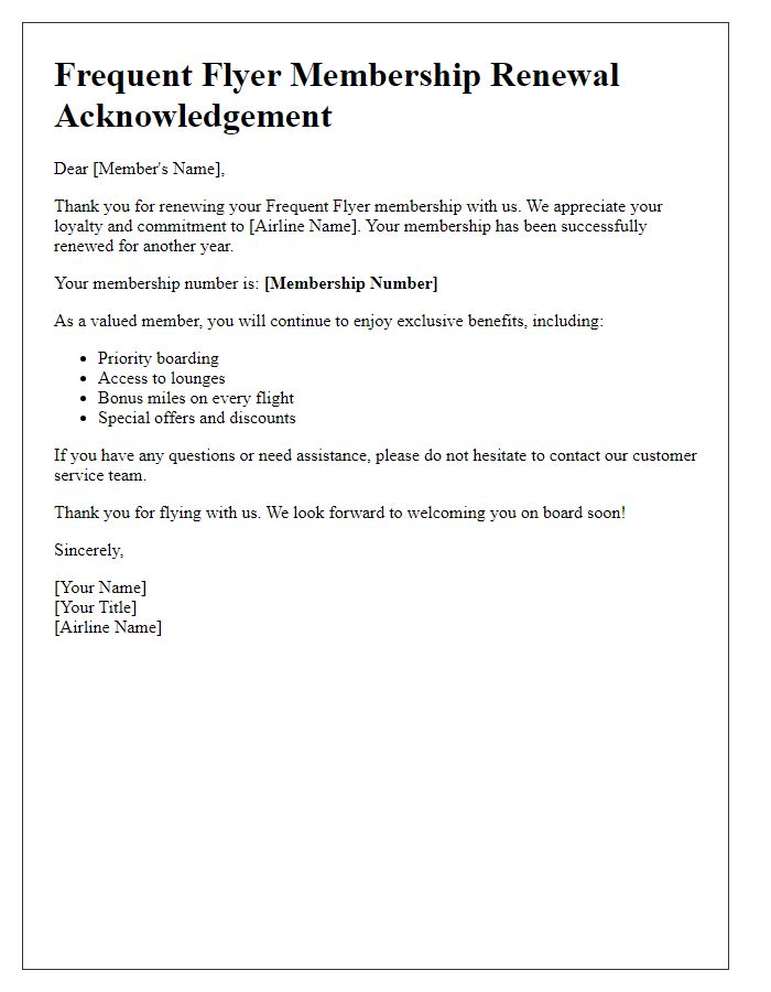 Letter template of acknowledgement for frequent flyer membership renewal.