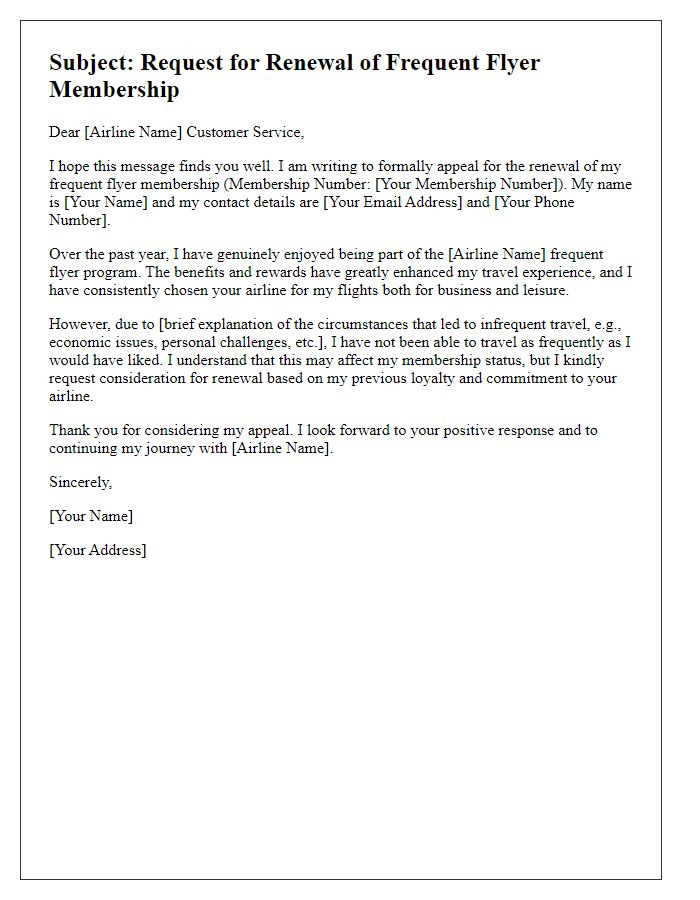 Letter template of appeal for frequent flyer membership renewal.