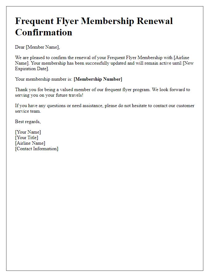 Letter template of confirmation for frequent flyer membership renewal.