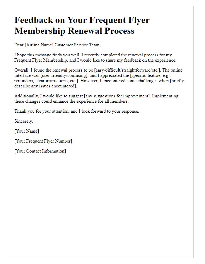 Letter template of feedback for frequent flyer membership renewal process.