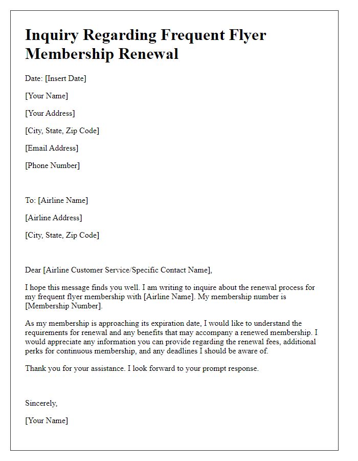 Letter template of inquiry regarding frequent flyer membership renewal.