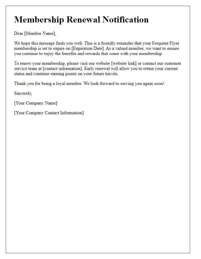 Letter template of notification for upcoming frequent flyer membership renewal.