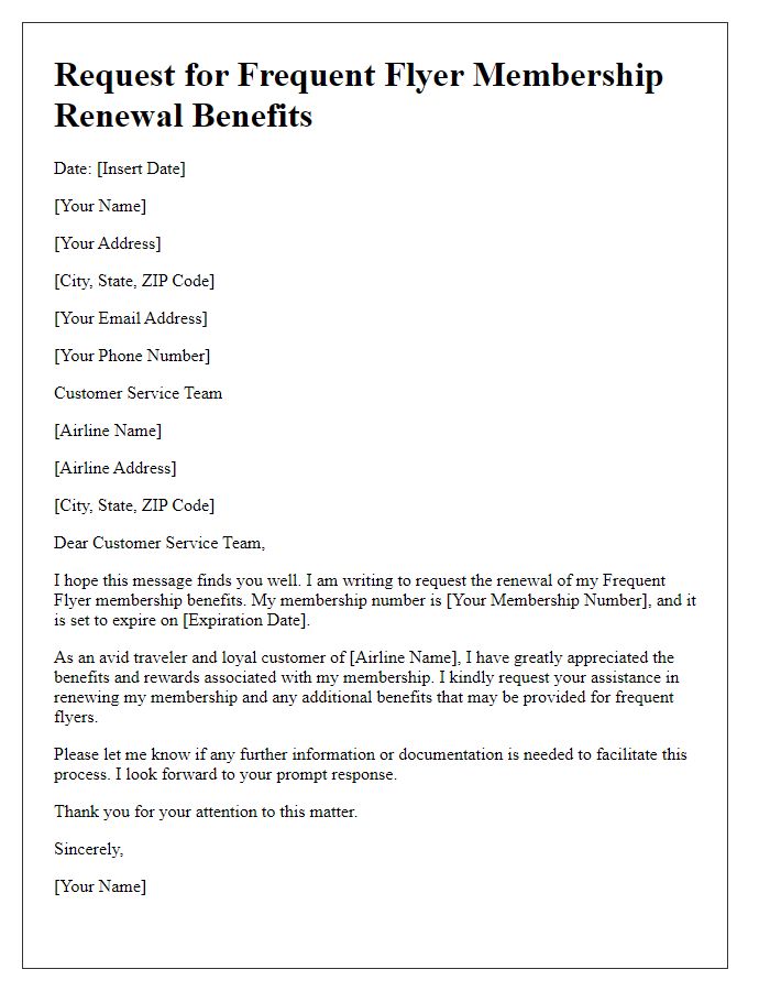 Letter template of request for frequent flyer membership renewal benefits.