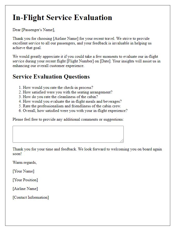 Letter template of airline in-flight service evaluation.