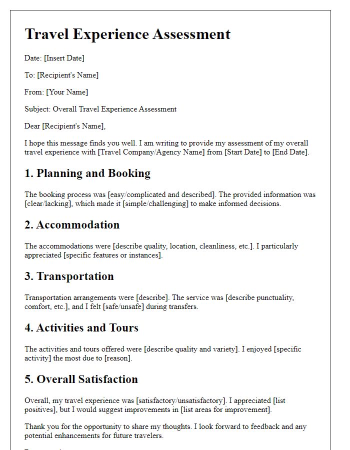 Letter template of overall travel experience assessment.