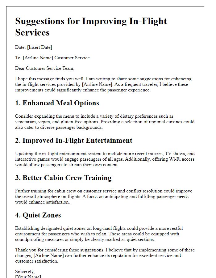 Letter template of suggestions for improving in-flight services.