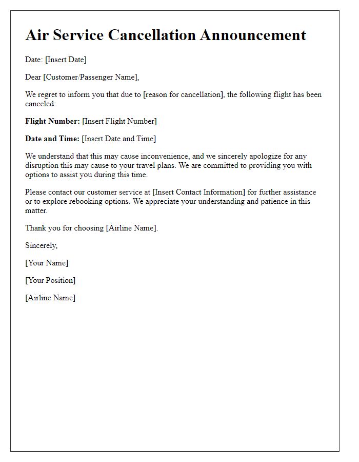 Letter template of air service cancellation announcement