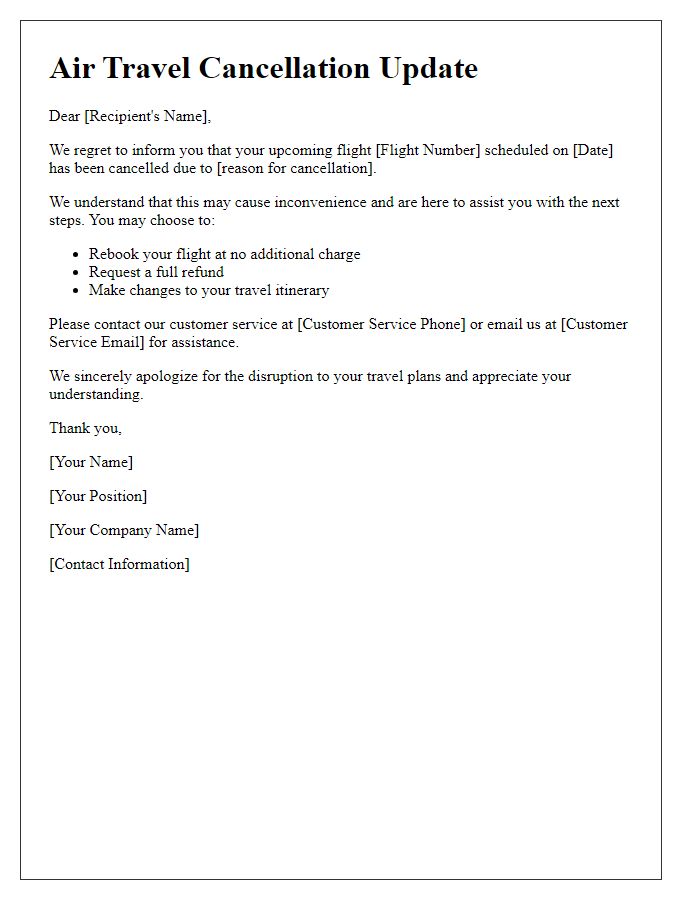 Letter template of air travel cancellation update