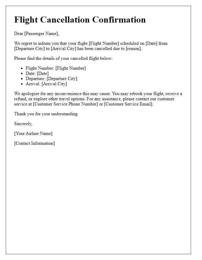 Letter template of flight cancellation confirmation