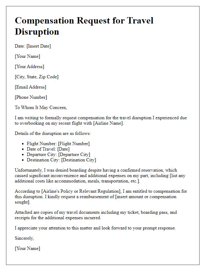 Letter template of communication regarding compensation for travel disruption caused by overbooking