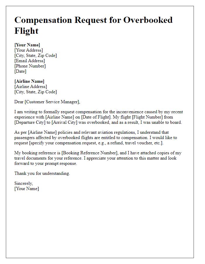 Letter template of compensation request for overbooked flight