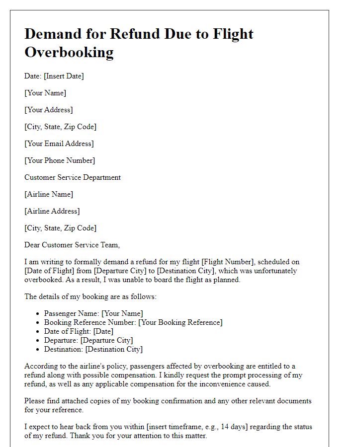 Letter template of demand for refund due to flight overbooking