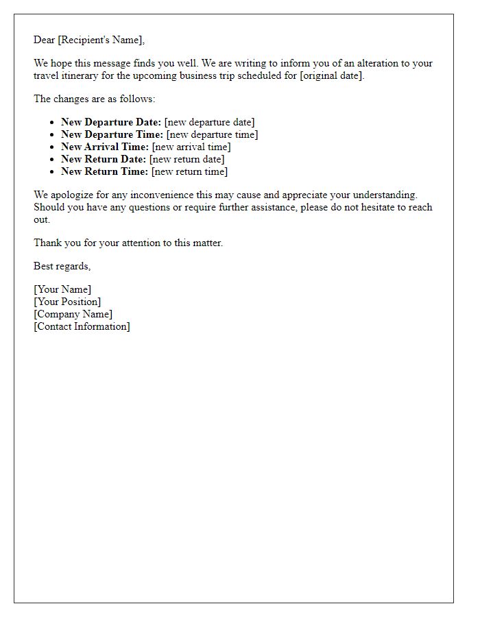 Letter template of itinerary alteration notification for business travel.