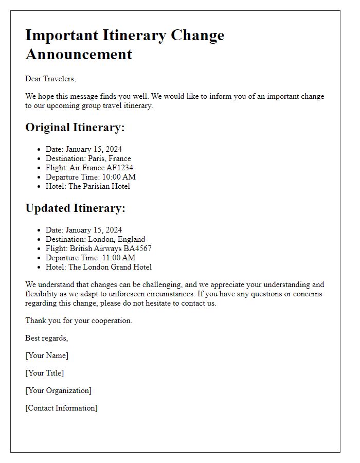 Letter template of itinerary change announcement for group travel.