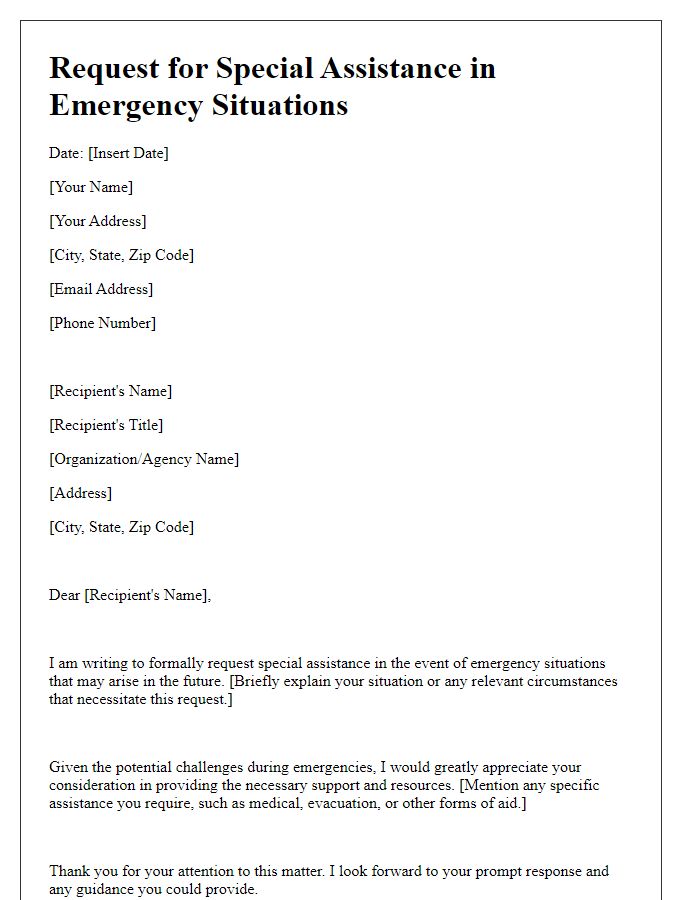 Letter template of request for special assistance in emergency situations