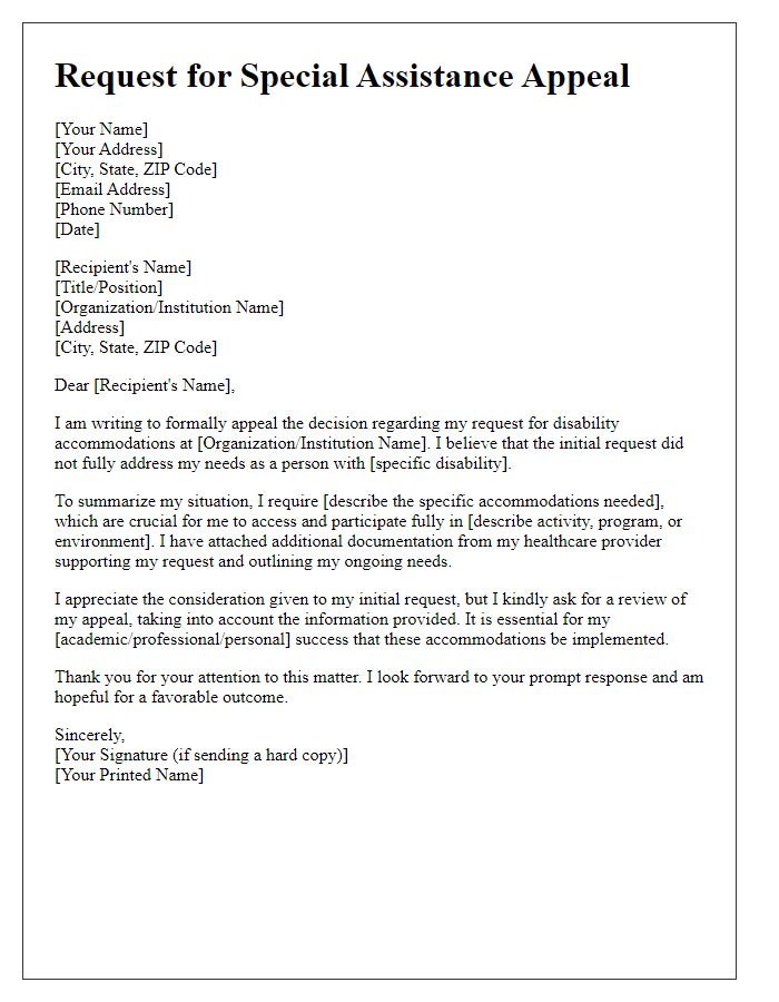 Letter template of special assistance appeal for disability accommodations