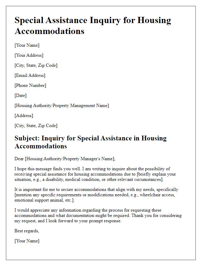 Letter template of special assistance inquiry for housing accommodations