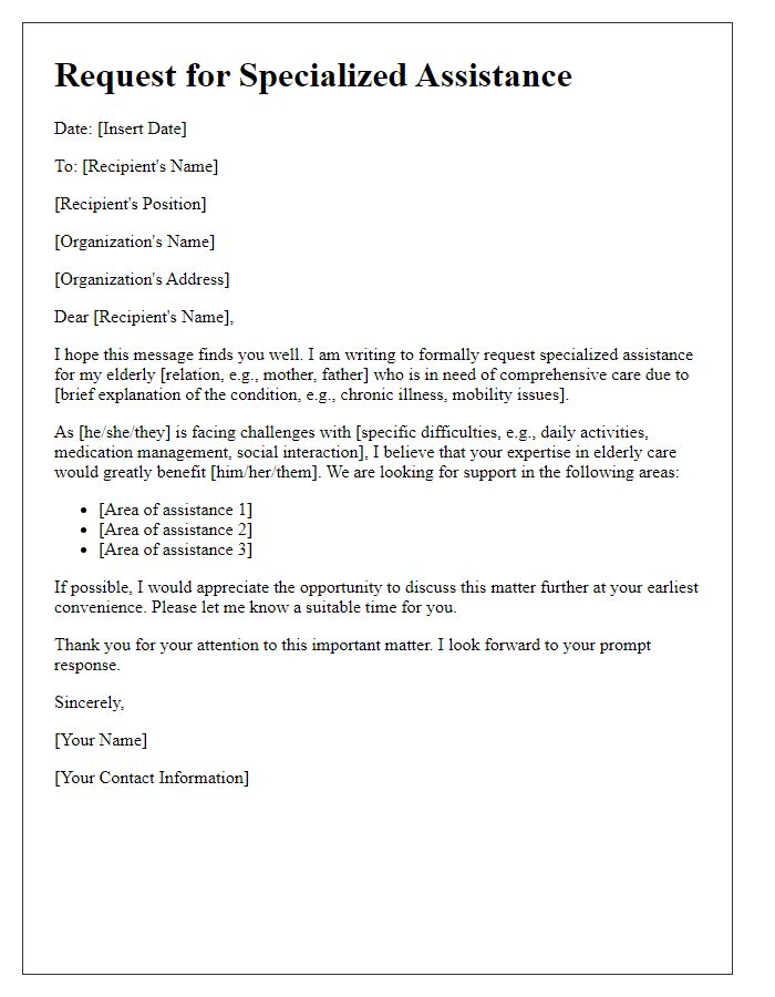 Letter template of specialized assistance request for elderly care