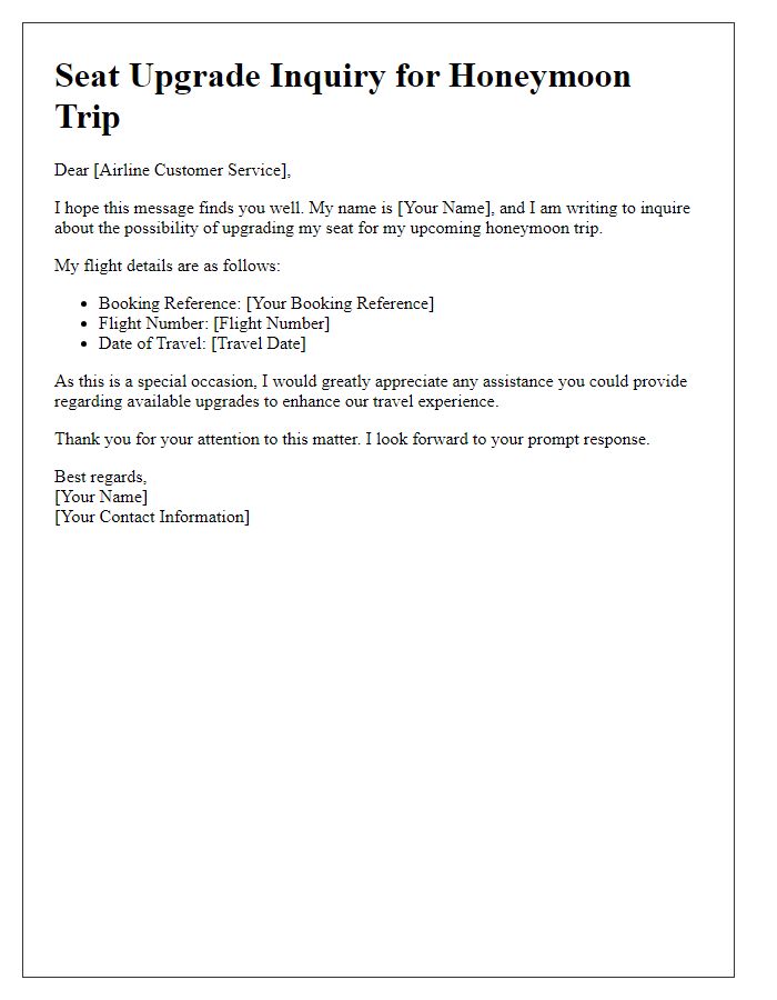 Letter template of seat upgrade inquiry for honeymoon trips.