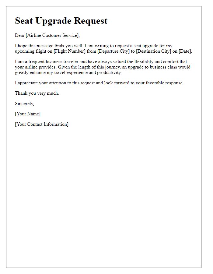 Letter template of seat upgrade request for business travelers.