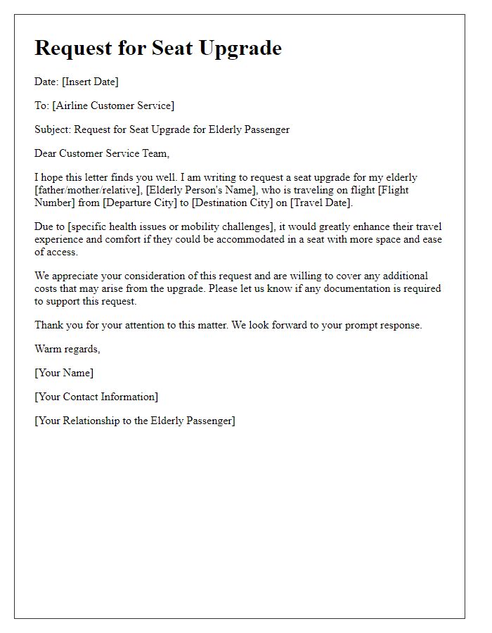 Letter template of seat upgrade request for elderly passengers.