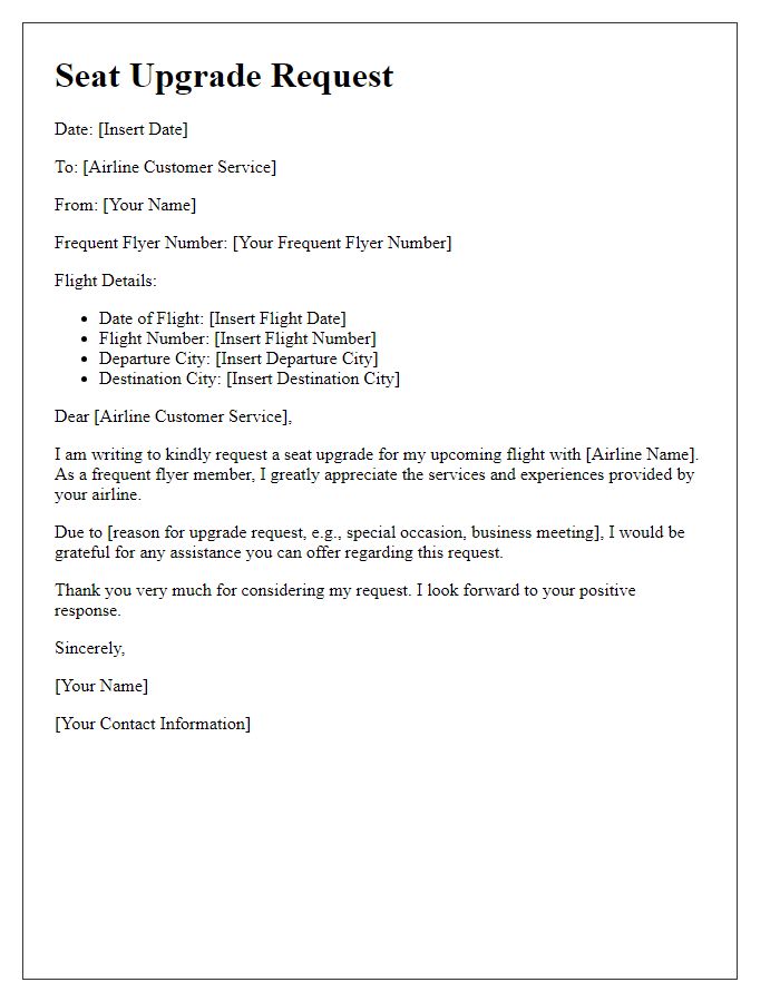 Letter template of seat upgrade request for frequent flyer members.