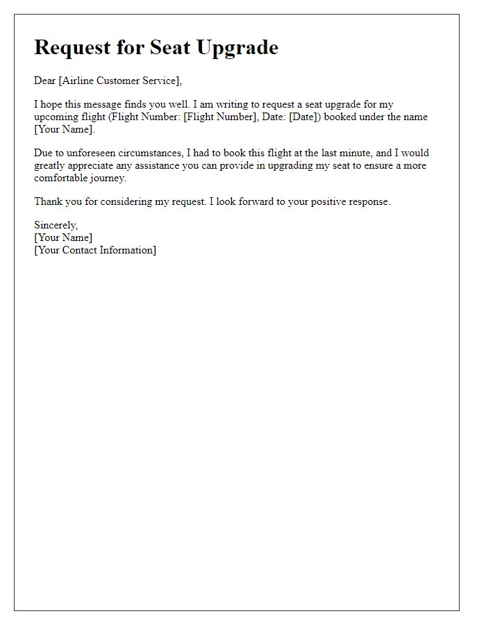 Letter template of seat upgrade request for last-minute bookings.