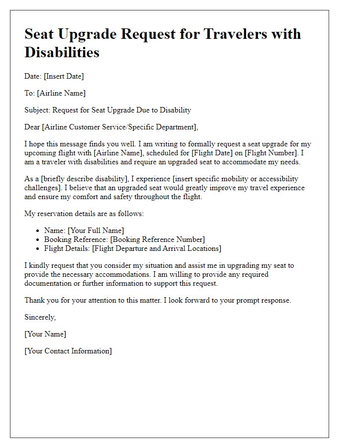 Letter template of seat upgrade request for travelers with disabilities.