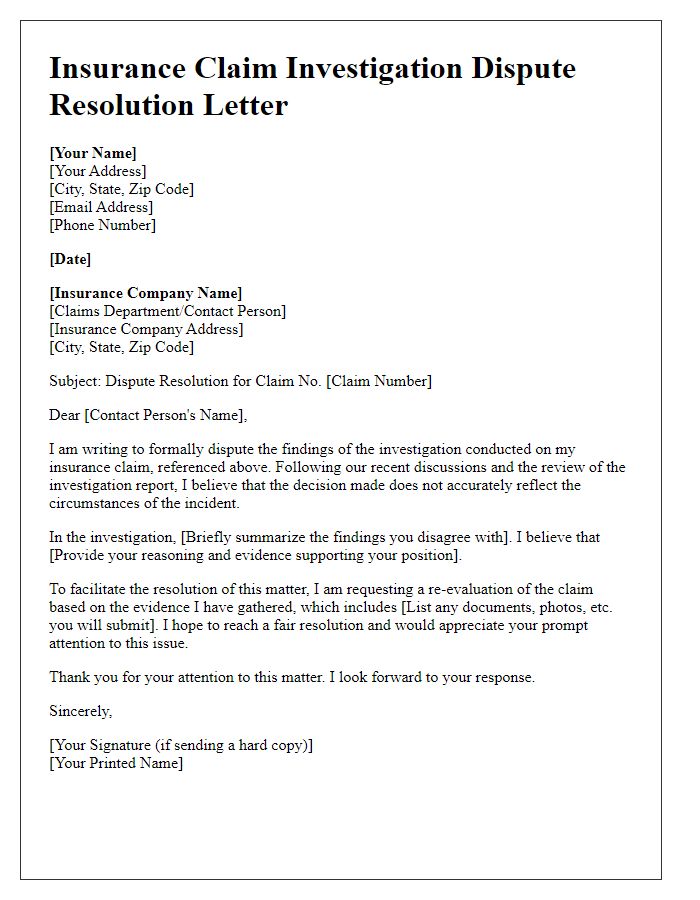 Letter template of insurance claim investigation dispute resolution