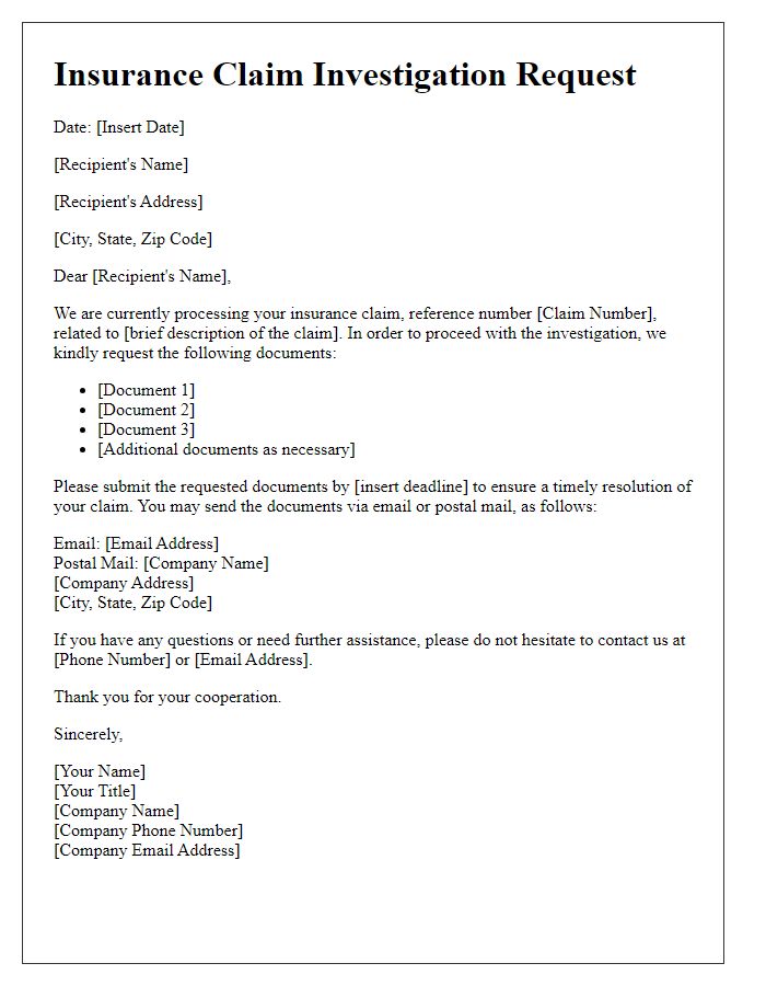 Letter template of insurance claim investigation request for documents