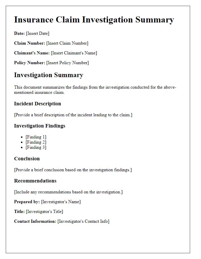 Letter template of insurance claim investigation summary