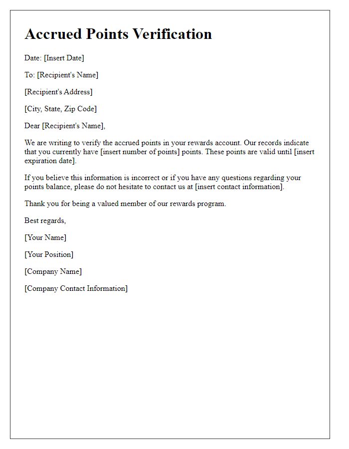 Letter template of accrued points verification