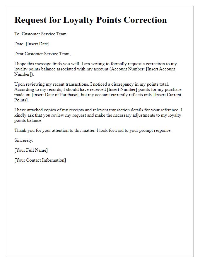 Letter template of loyalty points correction request