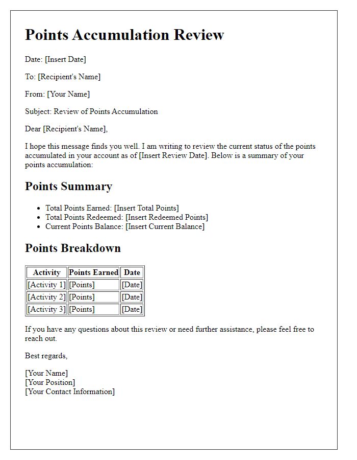 Letter template of points accumulation review